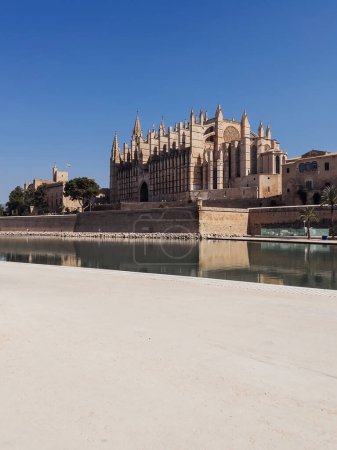 Téléchargez les photos : Cathédrale de Majorque en Espagne, un joyau architectural captivant imprégné d'histoire. Admirez sa grandeur et admirez le ciel bleu clair, tout en profitant des eaux sereines à proximité. - en image libre de droit
