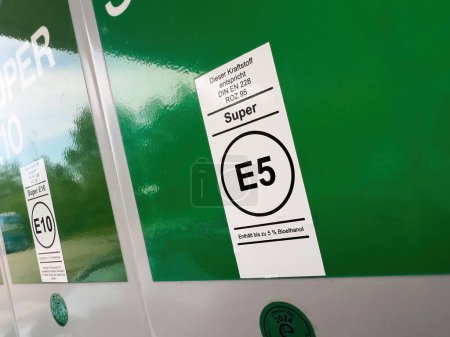 Photo for Karlsruhe, Germany - Jul 12, 2023: Close-up of E5 Diesel signage with text this gas is according to DIN EN 228 ROX 95 standard - and contains 5 percent of bioethanol - Royalty Free Image