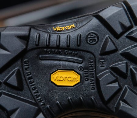 Photo for Hamburg, Germany - Feb 16, 2022: Vibram logotypw on a working shoes Antistatic and Oil Resistant - Vibram-branded rubber outsoles - Royalty Free Image