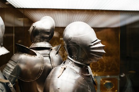 Photo for Strong figure in robust metal plates. Heavy steel armour provides formidable protection. Impressive display of strength and determination. - Royalty Free Image