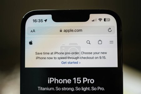 Photo for London, UK - Sep 14, 2023: Apple.com website with savetime at pre-order. Apple Inc. introduced its latest iPhones 15 PRO at an event banking on new materials, camera upgrades and performance - Royalty Free Image
