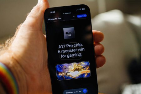 Photo for London, UK - Sep 14, 2023: Apple.com showcases A17 Pro Chip: A Monster for Gaming on its webpage, emphasizing iPhone 15 PROs advanced materials, camera upgrades, and optimized performance. - Royalty Free Image