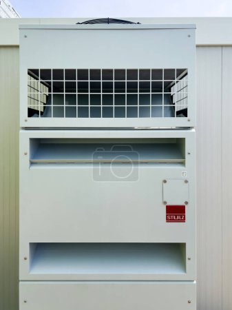 Photo for Germany - Sep 17, 2023: A close-up of a STULZ cooling solution used outdoors for reliable applications and data centers, showcasing its importance in temperature control for critical systems - Royalty Free Image