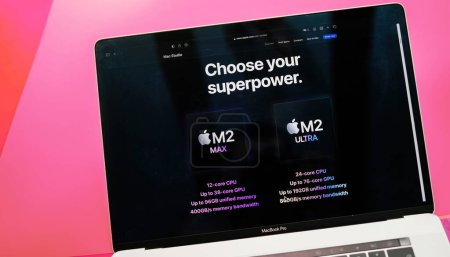 Photo for Paris, France - Jun 6, 2023: The Apple Computers Mac Ultra workstation webpage prominently features the message "Choose Your Superpower," set against a striking red background - M2max and M2 ultra - Royalty Free Image