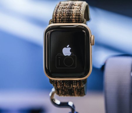 Photo for Paris, France - Sep 22, 2023: On its launch day, Apple Watches Series 9 take center stage as hero objects, with the Apple logo prominently displayed on the Retina display. - Royalty Free Image