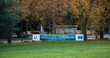 Photo for Strasbourg, France - Dec 17, 2022: A prominent banner displayed on the lawn signifies Icelands current presidency at the Council of Europe - Royalty Free Image