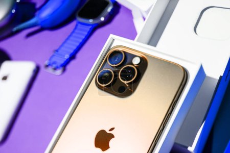 Photo for London, UK - Sep 28, 2023: Close-up shot showcases iPhone 15 Pro Maxs seven pro-grade lenses with tilt-shift, perfect for news coverage - Royalty Free Image