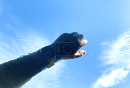 Téléchargez les photos : Paris, France - 27 sept. 2023 : Une main masculine portant une Apple Watch Ultra 2 est levée alors qu'il nage dans la mer, démontrant ses capacités imperméables - en image libre de droit