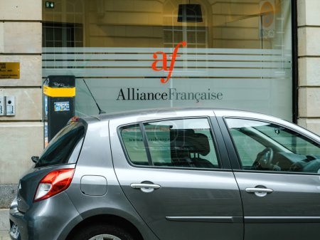 Photo for Strasbourg, France - Ju 27, 2023: Alliance Francaise building in Strasbourg proudly displays its logo on a glass showcase at its central location - Promoting French language and culture worldwide - Royalty Free Image
