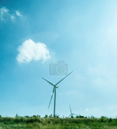 Foto de Perspectiva de bajo ángulo de dos molinos de viento generadores de electricidad con un cielo azul vivo en el fondo - Imagen libre de derechos