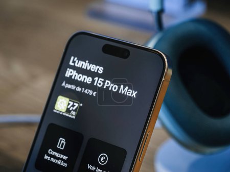 Photo for Paris, France - Sep 22, 2023: Exploring the universe of iPhone 15 Pro Max, starting at eur 1479, with a close-up of the screen displaying its impressive 7.7 reparability index mandatory European - Royalty Free Image