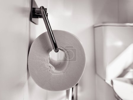 Photo for Close-up of toilet paper hung on a chrome holder in a bathroom with a green color cast - Royalty Free Image