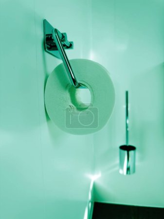 Téléchargez les photos : Papier toilette suspendu sur un support chromé dans une salle de bain, avec une coulée de couleur verte et une toilette en arrière-plan - en image libre de droit