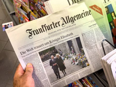 Photo for Frankfurt, Germany - Sep 10, 2022: The world mourns Queen Elizabeth: Headline on the Frankfurter Allgemeine newspaper at German press kiosks, covering global events - Royalty Free Image