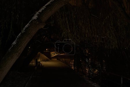 Téléchargez les photos : Une ruelle sombre et étrange près de la rivière sous un pont de pressentiment dans une ville française tranquille la nuit, dépourvue de toute personne ou signe de vie - en image libre de droit