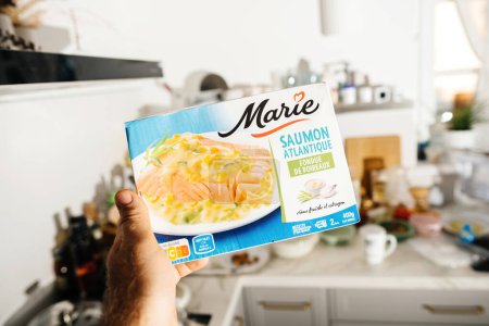 Photo for Frankfurt, Germany - Jun 12, 2023: A male hand holds a package of frozen Marie brand salmon with leek, perfect for a tasty and convenient meal for two - Royalty Free Image