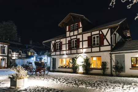 Téléchargez les photos : Scène nocturne d'une luxueuse façade d'hôtel française avec une calèche devant, capturée lors d'une froide soirée d'hiver élégance - en image libre de droit