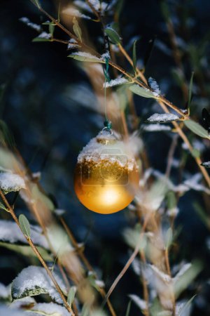 Foto de Un adorno de globo dorado está elegantemente cubierto de nieve, enclavado en la rama de un árbol siempreverde, mostrando una serena belleza invernal - Imagen libre de derechos