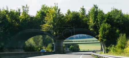 Téléchargez les photos : Un tunnel avec végétation au-dessus d'une autoroute française, conçu pour la migration et le mouvement des animaux, avec peu de voitures présentes. - en image libre de droit