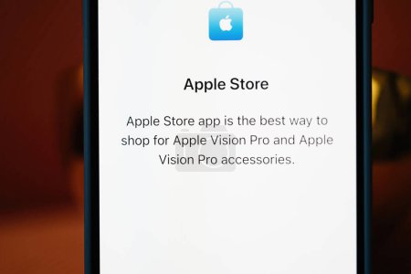 Photo for California, USA - Jan 21, 2024: A message on the latest iPhone 15 Pro highlights that the Apple Store is the best way to shop for the Apple Vision Pro headset and its accessories - Royalty Free Image