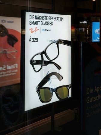 Photo for Kehl, Germany - Jan 12, 2024: Advertisement displaying the next generation of smart glasses with a price tag, reflecting the fusion of fashion and technology Meta and Ray-Ban for 329 euros - Royalty Free Image
