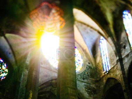 Téléchargez les photos : La lumière du soleil chaude filtre à travers un vitrail de la Catedral-Basilique de Santa Maria à Palma de Majorque, Espagne, coulant des reflets colorés, capturés avec un objectif basculant. - en image libre de droit