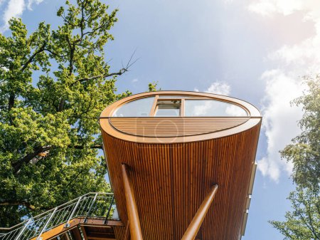 Foto de Ojo de gusano vista de ángulo bajo de una estructura moderna de madera del árbol contra un telón de fondo de hojas verdes y cielo azul. - Imagen libre de derechos