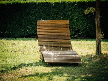 Photo for Wooden sun lounger on grass with hedge background in a serene garden setting. - Royalty Free Image