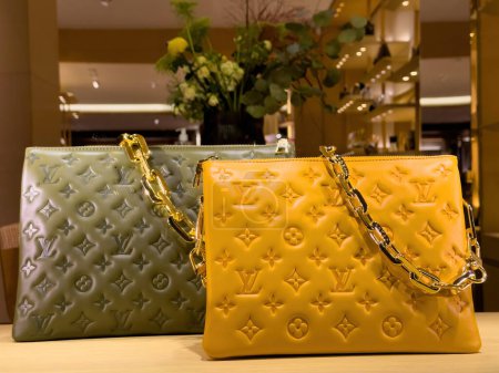 Téléchargez les photos : Paris, France - 25 déc. 2023 : Photographie montrant deux véritables sacs Louis Vuitton soigneusement placés sur une table. - en image libre de droit