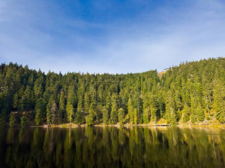 Ein atemberaubendes Foto zeigt einen ruhigen See umgeben von einem dichten Wald aus hoch aufragenden Bäumen Mummelsee in Deutschland Baden-Württemberg, Schwarzwald
