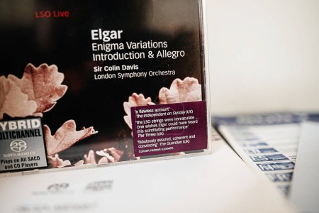 Photo for Paris, France - Feb 2 2024: A close-up view of a new SACD Super Audio CD by LSO Live, featuring a flawless account review by The Independent on Sunday Magazine and other accolades, with Sir Colin - Royalty Free Image