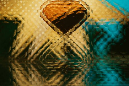 Foto de Una pintura de un reloj de arena de pie sobre una mesa en un entorno futurista, que refleja un concepto metaverso digital. - Imagen libre de derechos