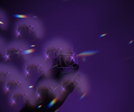 Foto de Una mano se extiende hacia arriba sobre un telón de fondo púrpura en un metaverso digital futurista sosteniendo un dispositivo de teletransportación - Imagen libre de derechos