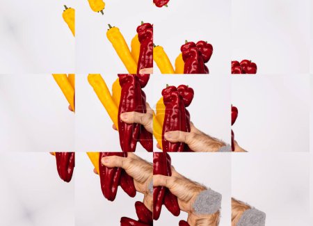 Foto de Un collage de una persona sosteniendo alegremente una variedad de pimientos vibrantes. - Imagen libre de derechos