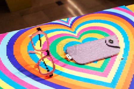 Téléchargez les photos : Vue métaverse numérique d'un tapis en forme de coeur orné d'une paire de lunettes assise élégamment sur le dessus. - en image libre de droit