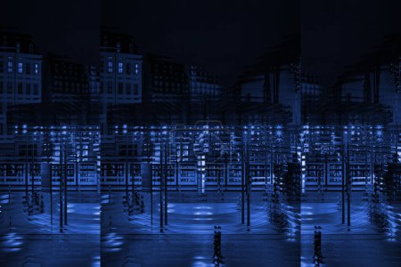 Foto de Un paisaje urbano vibrante con numerosas luces brillantes que iluminan el cielo nocturno, creando una atmósfera hipnótica y enérgica metáfora digital - Imagen libre de derechos