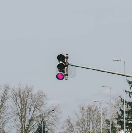 Téléchargez les photos : Un feu suspendu du côté d'un poteau en milieu urbain - lumière rose bizarre - en image libre de droit