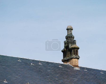 Téléchargez les photos : Un gros plan capture les détails complexes d'une cheminée en pierre au sommet d'un toit à Haguenau, en Alsace, illustrant les zones de style architectural traditionnel dans un contexte de ciel clair. - en image libre de droit