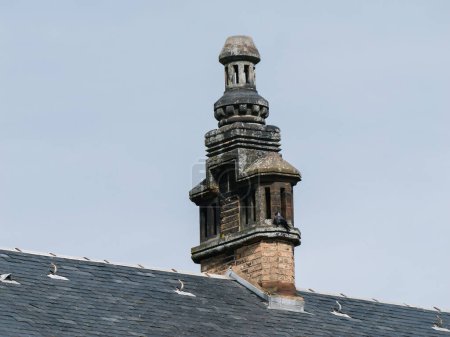 Ein detaillierter Steinkamin ziert ein Dach in Haguenau im Elsass und verkörpert die traditionelle Architektur der Region vor einem ruhigen Hintergrund mit klarem Himmel.