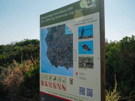 Foto de Mallorca, España - 26 / 06 / 2023: Un signo que muestra imágenes de varias especies de aves encontradas en el bosque de Llucmajor, Islas Baleares, España - Espai protegit Xaraxa Natura 2000 - Imagen libre de derechos