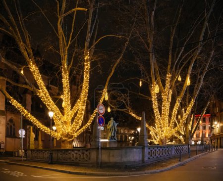 Téléchargez les photos : Arbres ornés de lumières dorées sur la Place du Temple Neuf à Strasbourg, créant une nuit magique - en image libre de droit
