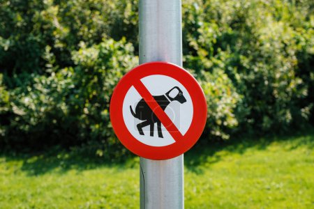 Kein Hundehaufen-Schild an einer Stange in einem grünen Park auf Texel, Niederlande