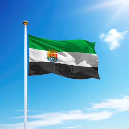 Waving flag of Extremadura is a community of Spain on flagpole with sky background.