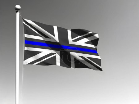 Téléchargez les photos : Drapeau national du Royaume-Uni avec mince ligne bleue agitant isolément sur fond gris - en image libre de droit