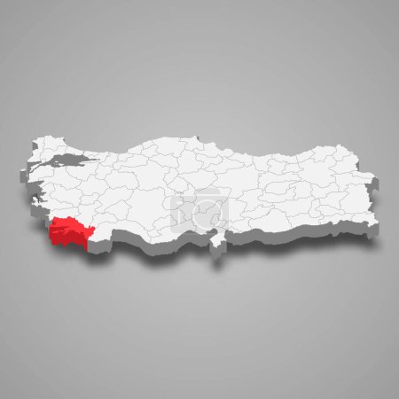 Mugla region location within Turkey 3d isometric map