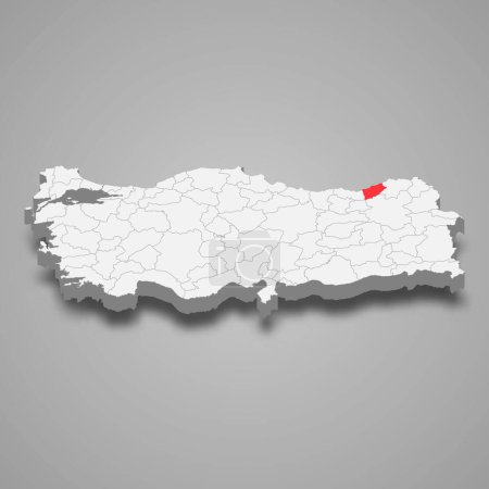 Rize region location within Turkey 3d isometric map