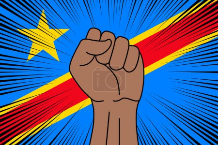 Téléchargez les illustrations : Poing humain serré symbole sur le drapeau de fond de la RD Congo. Puissance et force logo - en licence libre de droit