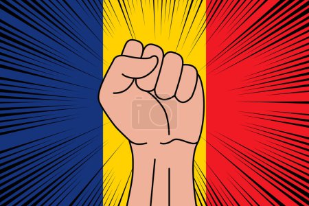 Illustration for Human fist clenched symbol on flag of Romania background. Power and strength logo - Royalty Free Image