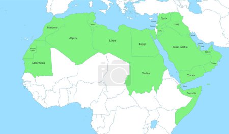Téléchargez les illustrations : Carte politique en couleur du monde arabe avec les frontières des États - en licence libre de droit