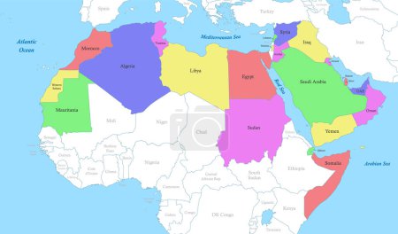 Ilustración de Mapa de color político del mundo árabe con las fronteras de los estados - Imagen libre de derechos